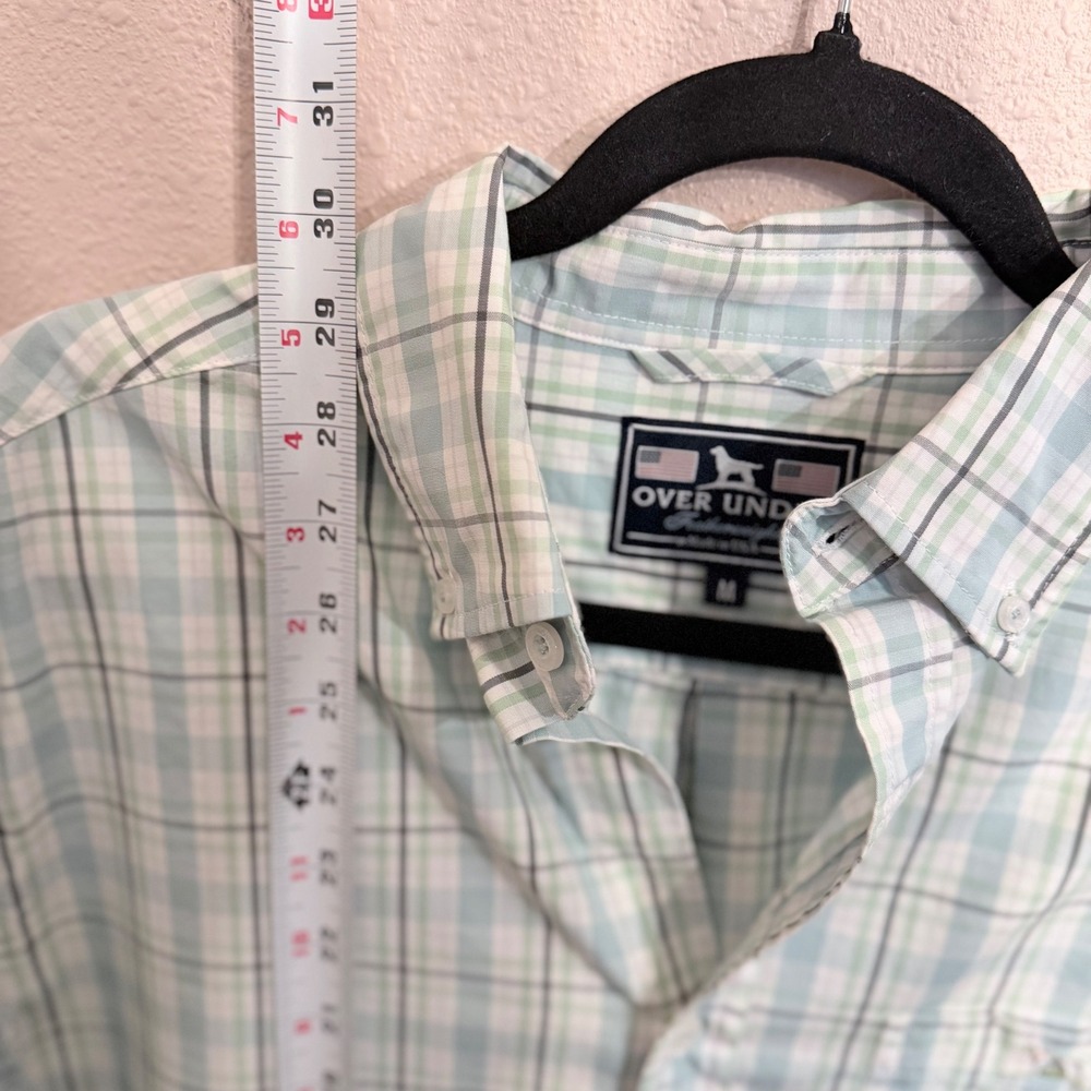 Over Under Featherweight Mens Medium Plaid Button Down Shirt Blue Green USA Made - Picture 8 of 8